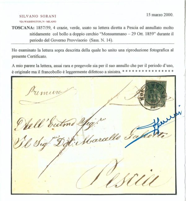 a0751   TOSCANA Sass 14 su BUSTA annullo MONSUMMANO CERTIFICATO - immagine 2