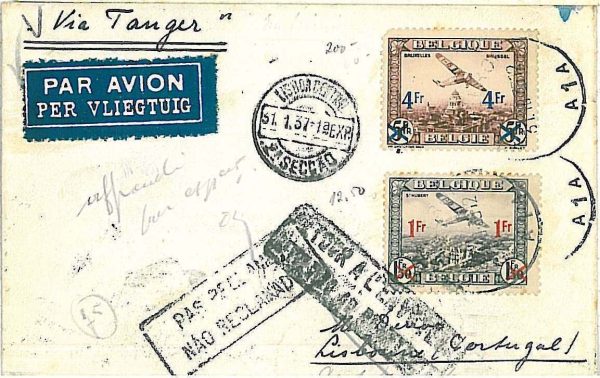 x379 - BELGIUM - POSTAL HISTORY - 1st FLIGHT COVER  PARIS - LISBONNE via TANGER