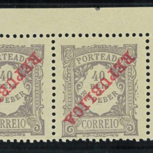 P3355H - PORTUGAL TAX STAMP MUNDOFIL CAT. 18, INVERTED OVERPRINT MNH CORNER PAIR