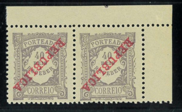P3355H - PORTUGAL TAX STAMP MUNDOFIL CAT. 18, INVERTED OVERPRINT MNH CORNER PAIR