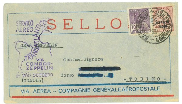 P4281 - BRAZIL ZEPPELIN, OCTOBER 1932 TO ITALY, USING A AEROPOSTALE ENVELOPPE