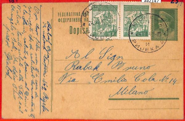 aa2147  - YUGOSLAVIA - POSTAL HISTORY -   STATIONERY CARD to ITALY  1949