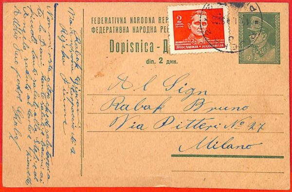 aa2156  - YUGOSLAVIA - POSTAL HISTORY -   STATIONERY CARD to ITALY  1946