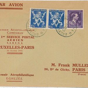 21410 - BELGIUM - POSTAL HISTORY - 1st FLIGHT COVER Bruxellles / Paris 1945 Sabe