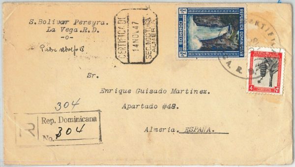 64645 -  DOMINICANA - POSTAL HISTORY - COVER to SPAIN 1947 - WATERFALL Palm Tree