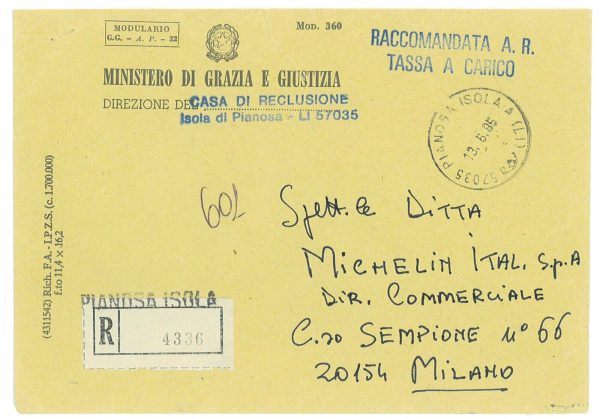 P4258 - ITALI ISOLA DI PIANOSA, RACCOMANDATA PER MILANO, TASSATA IN ARRIVO, 1985