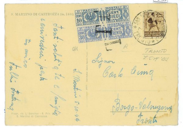 P2453 - ITALIA RSI , 7.10.1944 , AFFRANCATA PER DIFETTO DI 0,20, TASSSATA