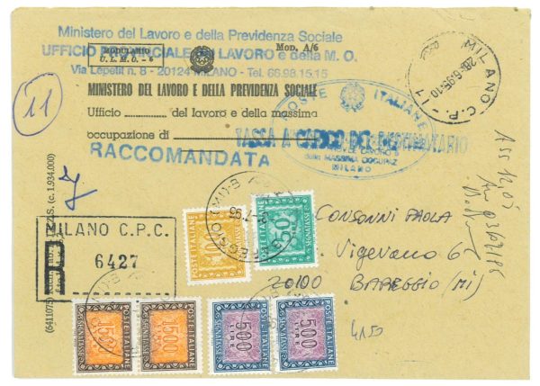 P4263 - ITALIA , BELLA LETTERA TASSATA CON I VALORI ALTI IN ARRIVO A BAREGGIO