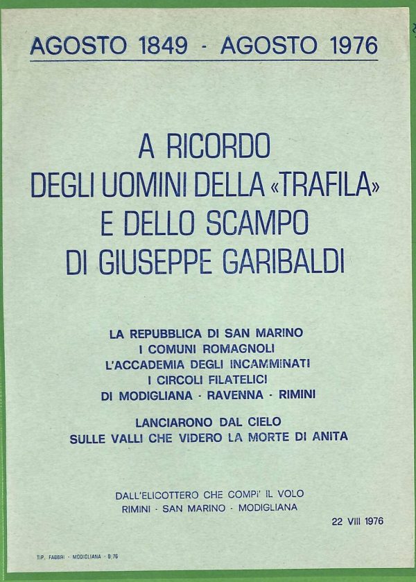 ZA1748 - VOLANTINO COMMEMORATIVO D'epoca - SAN MARINO Rimini MODIGLIANA 1976