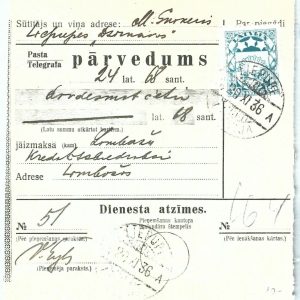68989 - LATVIA - POSTAL HISTORY -  MONEY ORDER :  Lielupe   1936