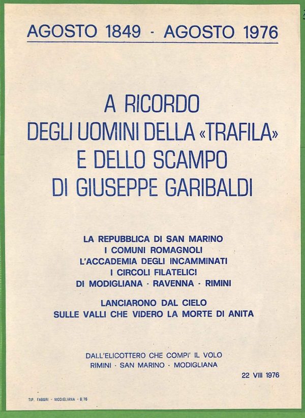 ZA1749 - VOLANTINO COMMEMORATIVO D'epoca - SAN MARINO Rimini MODIGLIANA 1976