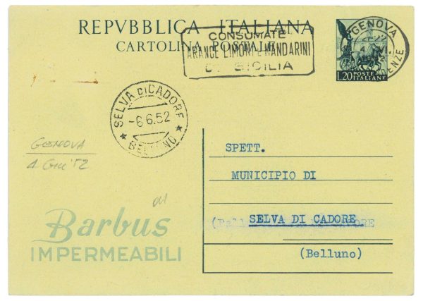 P2635 - ITALIA , CARTOLINA POSTALE, “BARBUS” R 91 (FILAGRANO) 1952, USATA