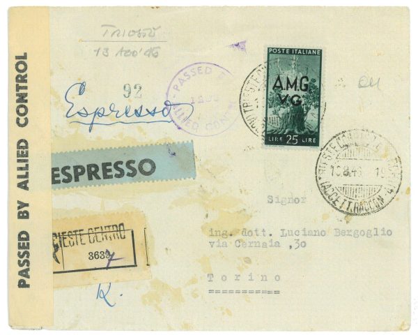 P2641 - ITALIA AMGVG , 13.8.46 L. 50 ISOLATO PER TORINO, ESPRESSO RACCOMANDATO.