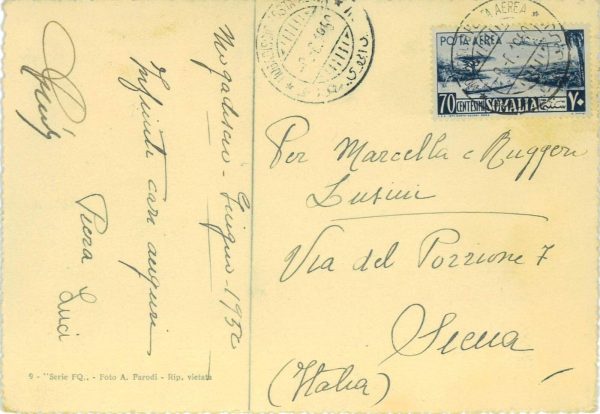 P0301 - SOMALIA AFIS - Storia Postale - SASSONE # PA 4  su CARTOLINA  1950