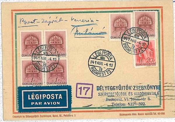 27180 - HUNGARY - POSTAL HISTORY - First Flight Card ZAGREB Venezia MILANO 1941