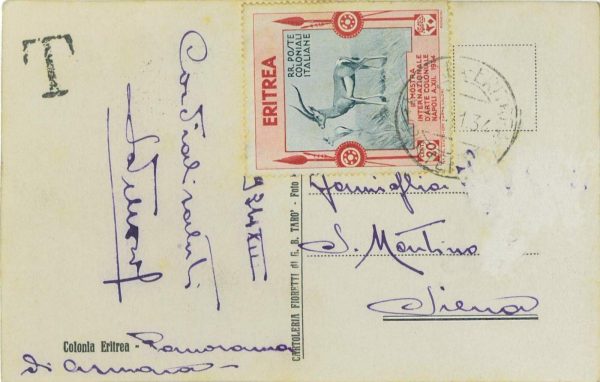 P0305 - ERITREA  - Storia Postale - Sass # 222 su cartolina TASSATA  -  1934