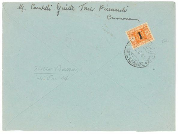 P2474 - ITALIA RSI , 15.6.1944 DA  TORRE DE’ PICENARDI (CR.) SENZA FRANCOBOLLO,