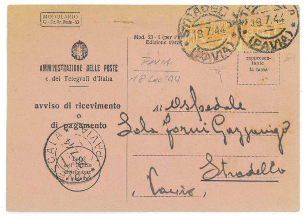 P2475 - 18.7.1944 AVVISO DI RICEVIMENTO AFFRANCATO CON 0,50 PER PACCHI, ISOLATO!
