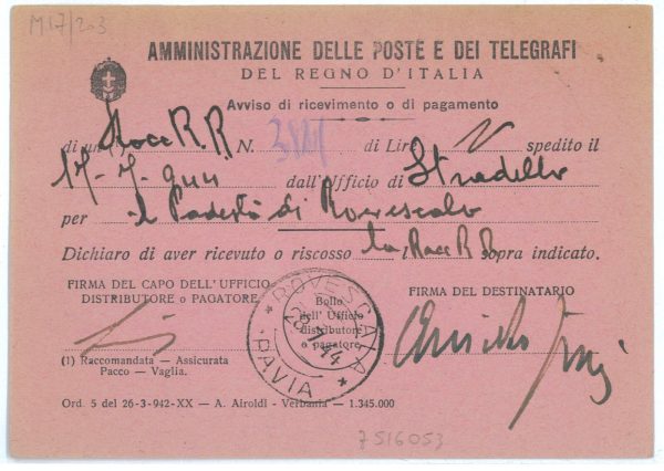 P2475 - 18.7.1944 AVVISO DI RICEVIMENTO AFFRANCATO CON 0,50 PER PACCHI, ISOLATO! - immagine 2