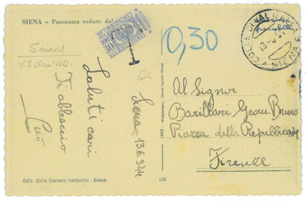 P2476 - CARTOLINA SPEDITA IL 13.6.1944, NON AFFRANCATA TASSA DI 0,30,