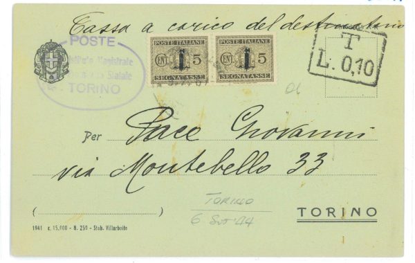 P2479 - TORINO 6.9.1944 TASSA SEMPLICE DI 0,10 ASSOLTA CON COPPIA DEL 0,05