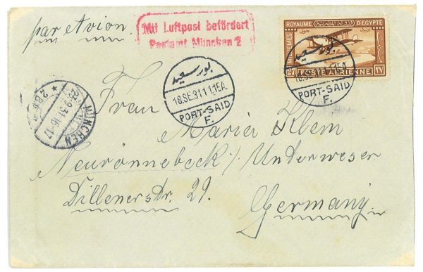 P2839 - EGYPT TO GERMANY 1931 USING A AIR MAIL EGYPT STAMP,