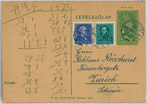 36953 - HUNGARY - POSTAL HISTORY - stationery to SWITZERLAND 1936 - birds EAGLES
