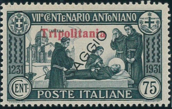 P3304 - ITALIA, TRIPOLITANIA, CENTENARIO ANTONIANO 75 CENT, SOVRASTAMPA SAGGIO