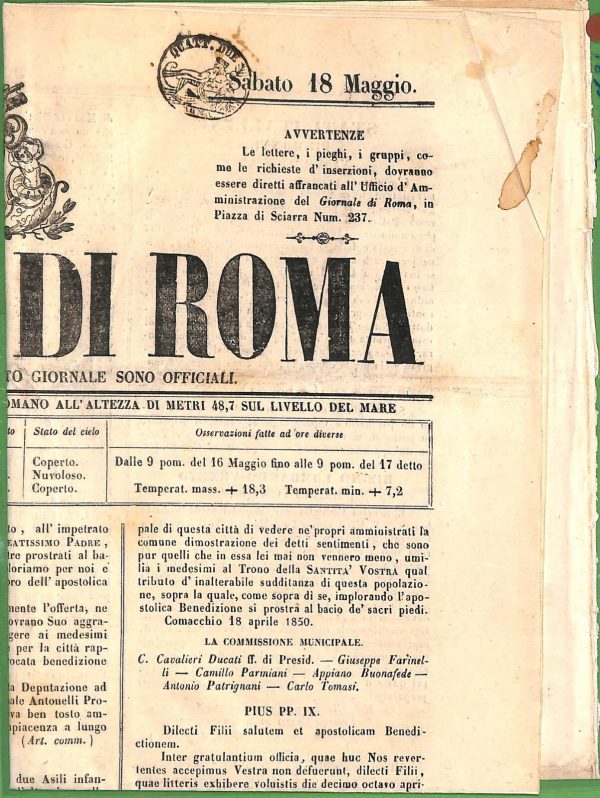ZA1763 - GIORNALE D'epoca -  1850 - GIORNALE di ROMA - Tassa giornali NETTUNO - immagine 2