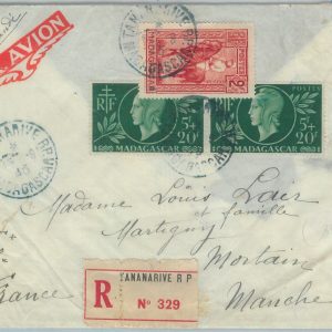 80993 -  MADAGASCAR  - POSTAL HISTORY - Registered COVER from TANANARIVE  1945