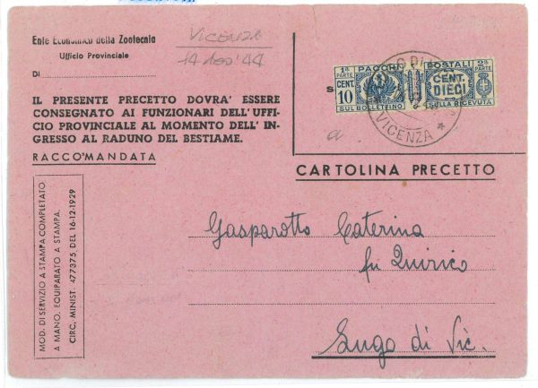 P2471 - ITALIA RSI , LUGO DI VICENZA 14.8.,1944 F.BLLO PER PACCHI 0,10