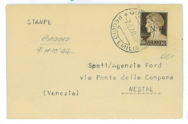P2478 - 7.5.1944 10 CT. GNR TIRATURA BS SASS. 470/I ISOLATO SU PICCOLA BUSTA