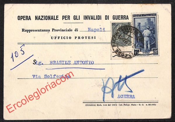 ah3660 - STORIA POSTALE - Napoli Città - Opera per gli Invalidi di Guerra