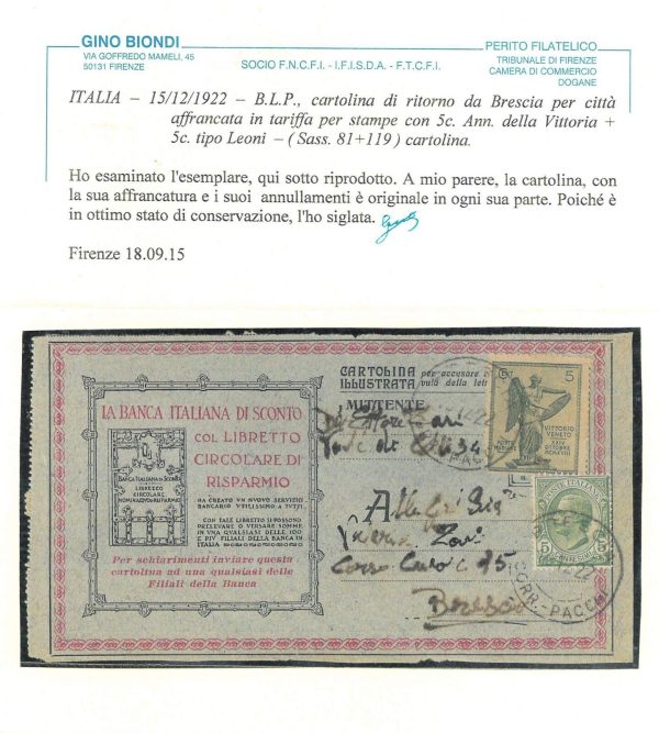 P0542 - REGNO - STORIA POSTALE  - BLP Cartolina di Ritorno 1922 - CERTIFICATO - immagine 2