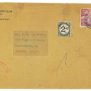 P4331 - TRINIDAD & TOBAGO 5CT. UPU COVER TO BNRITISH GUIANA, TAXED ON ARRIVAL!!!