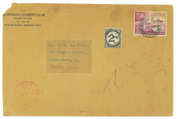 P4331 - TRINIDAD & TOBAGO 5CT. UPU COVER TO BNRITISH GUIANA, TAXED ON ARRIVAL!!!