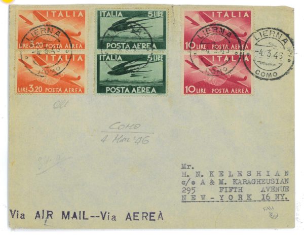 P2506 - ITALIA , 4.3.1946 DA LIERNA A N.Y. IN TARIFFA ECCEDENTE DI 0,40 !!!