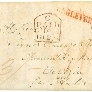 P3853 - IRELAND, TO VENICE, 1826 VARIOUS TRANSIT AND ARRIVAL MARKS.