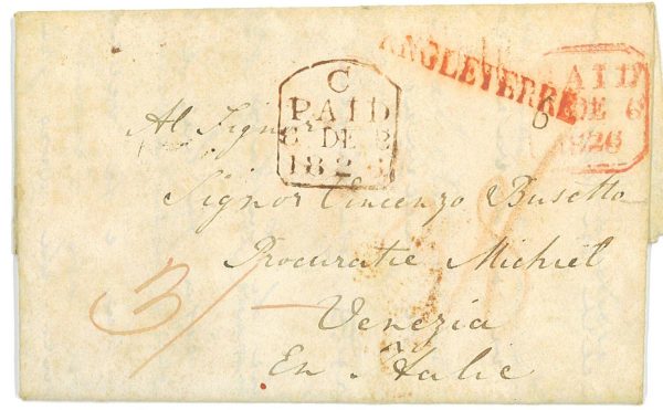 P3853 - IRELAND, TO VENICE, 1826 VARIOUS TRANSIT AND ARRIVAL MARKS.