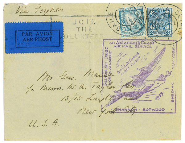 P3675 - AIRMAIL , IRELAND. 30.6.1939, MÜLLER 29 TRANSATLANTIC FLIGHT TO NEW YORK