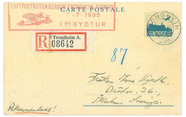 P3683 - AIRMAIL , NORWAY. SPECIAL FLIGHT 9.7.1935 TO SWEDEN. FROM TRONDHEIM