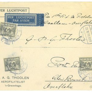 P3695 - AIRMAIL NETHERLANDS 23.2.1929 GRAVENHAGE TO DEN BOMMEL ONLY 15 CARRIED!!