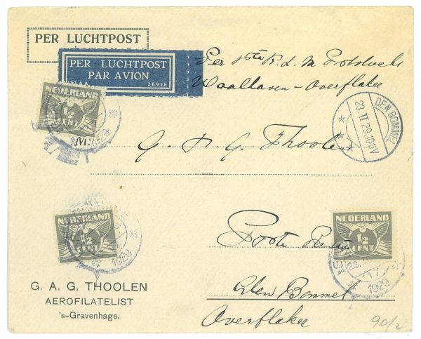 P3695 - AIRMAIL NETHERLANDS 23.2.1929 GRAVENHAGE TO DEN BOMMEL ONLY 15 CARRIED!!