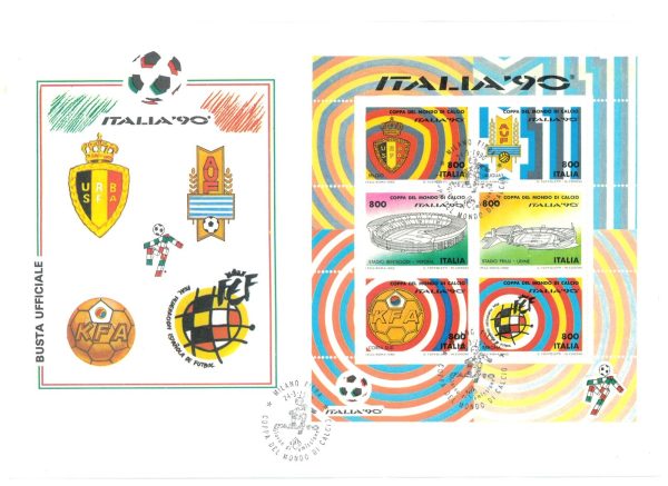 P4332 - ITALIA 90 WORLD FOOTBALL CHAMPIONSHIP COMPLETE SET OF 6 S/SHEETS FDC