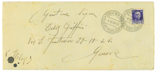 P3790 - ITALIA  1934, LETTERA ANNULLATA A BORDO DEL “CONTE DI SAVOIA”
