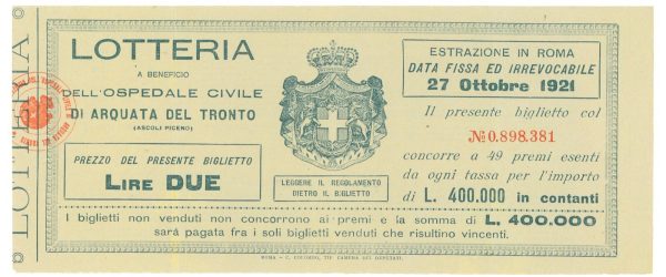 P4329 - ARQUATA DEL TRONTO (ASCOLI PICENO) BIGLIETTO DI LOTTERIA 1921