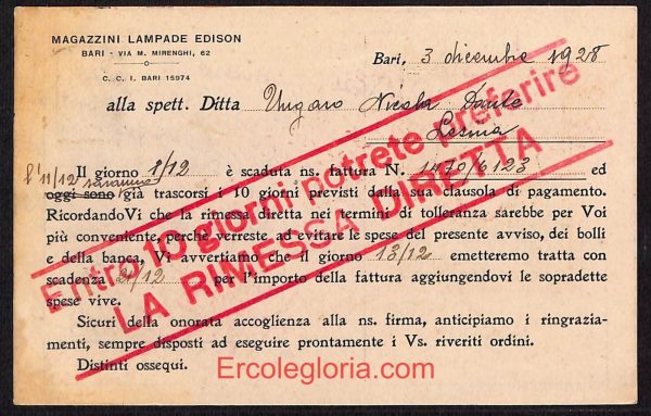 ae0758 - CARTOLINA  D'EPOCA - Bari Città - Magazzini Lampade Edison - immagine 2