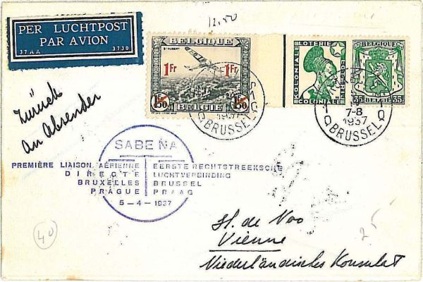x388 - BELGIUM - POSTAL HISTORY - 1st FLIGHT COVER to PRAGUE 1937 Mu #211