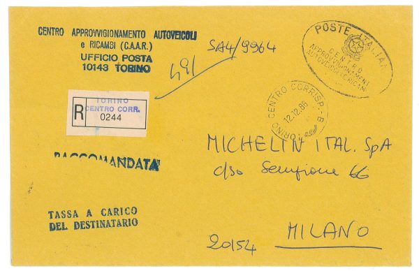 P4265 - ITALIA  1986 IN FRANCHIGIA DA TORINO, TASSATA CON 500L. IN QUARTINA