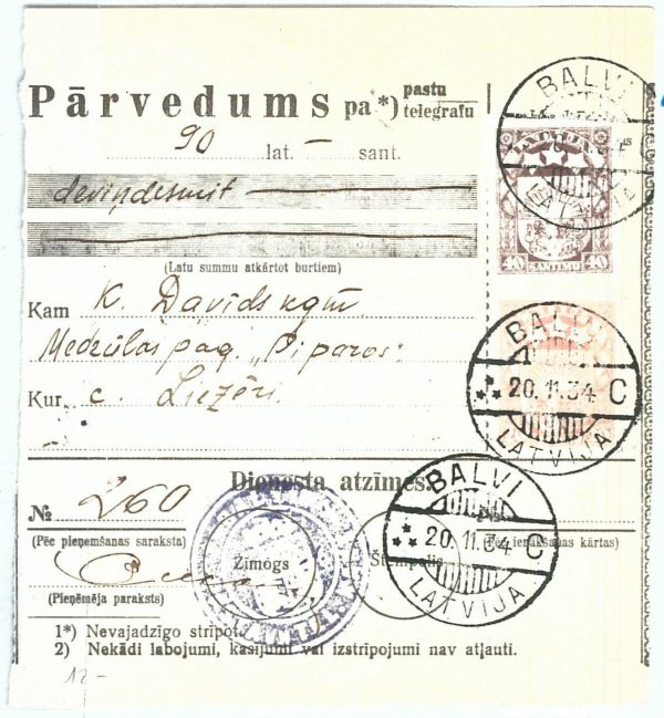 68998 - LATVIA - POSTAL HISTORY -  MONEY ORDER : Balvi 1934